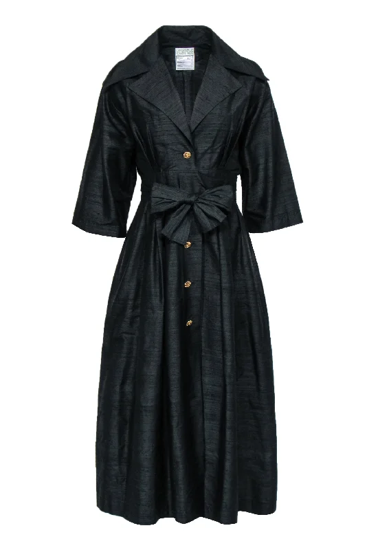 Emmanuelle Khanh - Vintage Black Silk Large Collar Button Front Dress Sz 8 Long unclassified dresses
