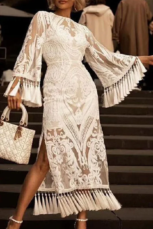 Embroidered Lined See Thru Tassel Dress Corset unclassified dresses
