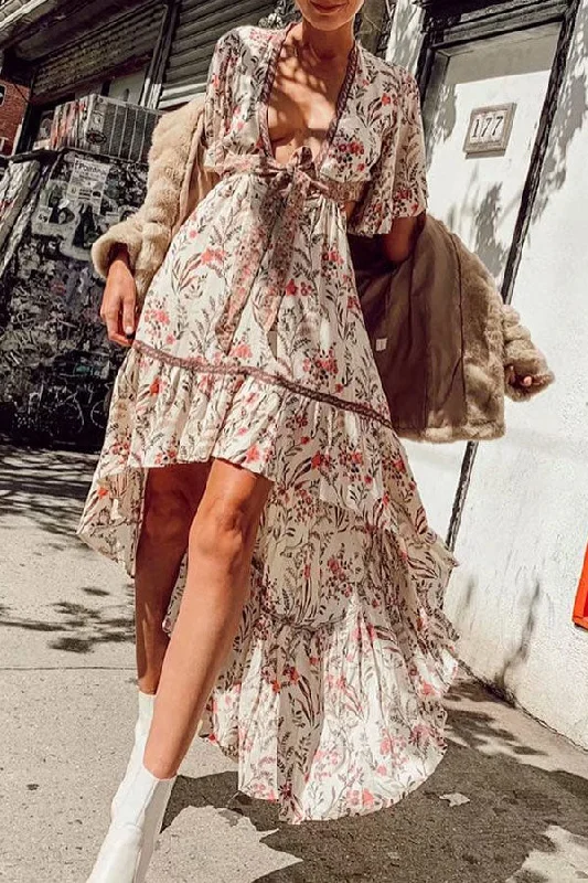 Floral High Low Tie Front Ruffle Dress Gothic unclassified dresses