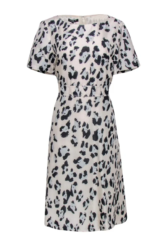 Lafayette 148 - Cream, Black & Pale Blue Cheetah Print Silk Dress Sz 10 Club unclassified dresses