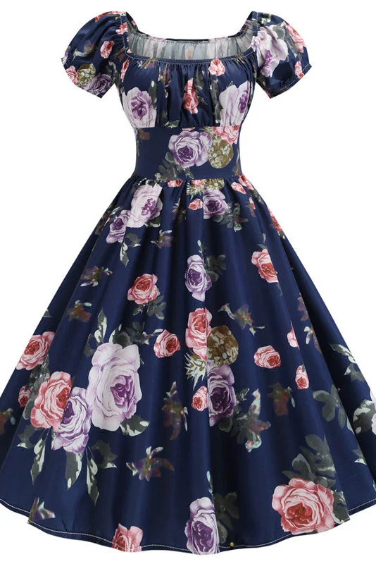 Dark Navy A-Line Print Swing Dresses Discounted unclassified dresses