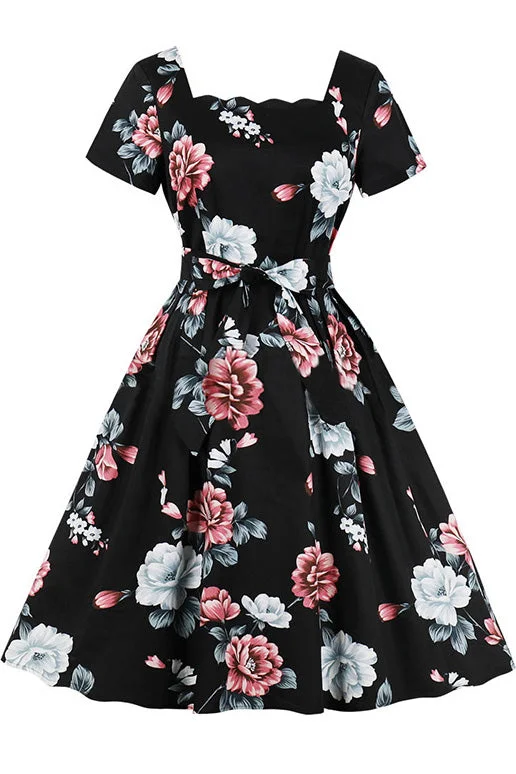 Floral Square Neck Belt Vintage Dress Bodycon unclassified dresses