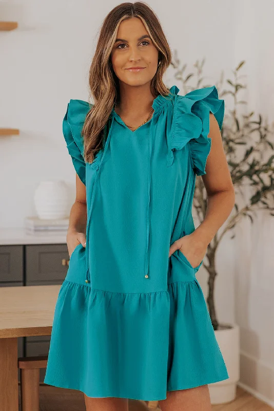 Blue Zone Planet |  Green Tiered Ruffled Sleeves Mini Dress with Pockets Knitted unclassified dresses