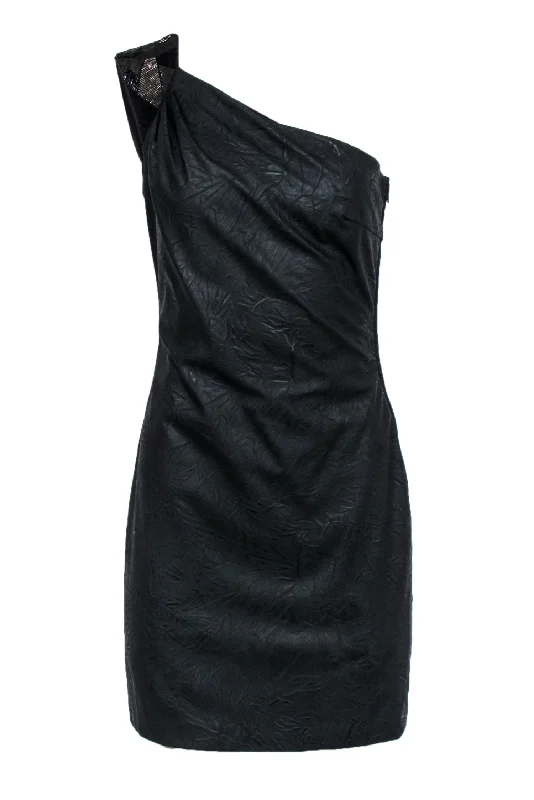 Badgley Mischka - Black One Shoulder Crinkled Leather Dress w/ Beading Sz S Beach unclassified dresses Badgley Mischka - Black One Shoulder Crinkled Leather Dress w/ Beading Sz S Beach unclassified dresses