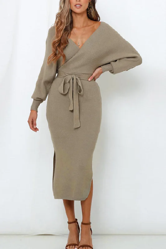 Solid Lace-up Slit V-neck Knit Dress Pastel unclassified dresses