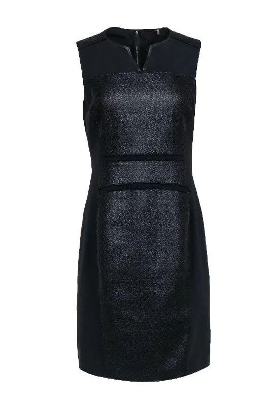Elie Tahari - Black Textured Woven Blocked Sheath Dress w/ Leather Trim Sz 8 Casual unclassified dresses