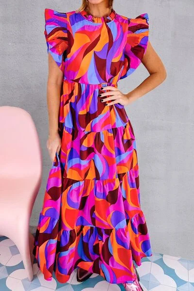 Blue Zone Planet |  Printed Ruffled Mock Neck Tiered Dress Engagement unclassified dresses