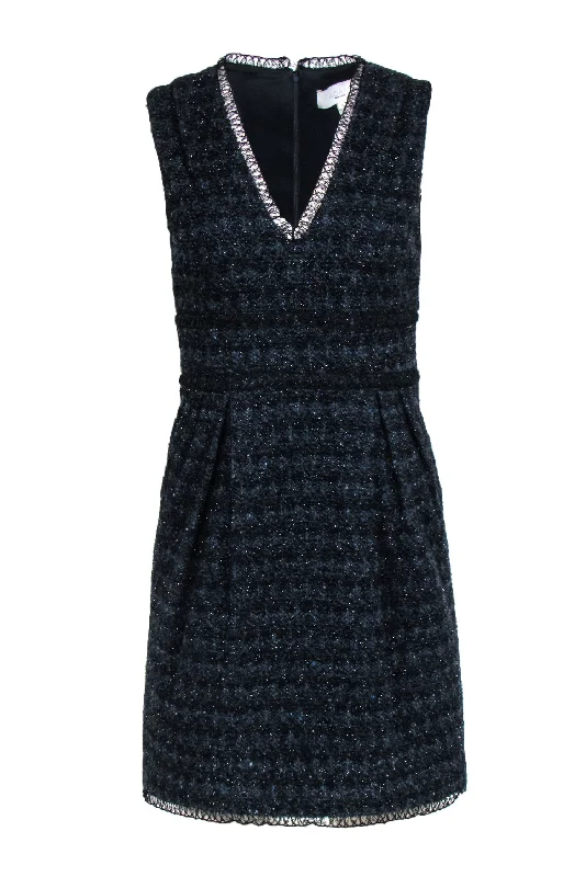 Adam Lippes - Black & Navy Tweed V-Neck Sheath Dress Sz 2 Silk unclassified dresses